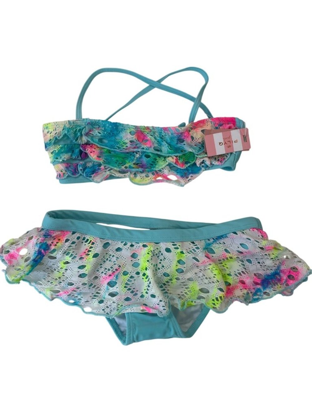 PilyQ Rainbow Lace Ruffle Skirted Bikini 10 Blue Multi Beach Resort Bathing Suit